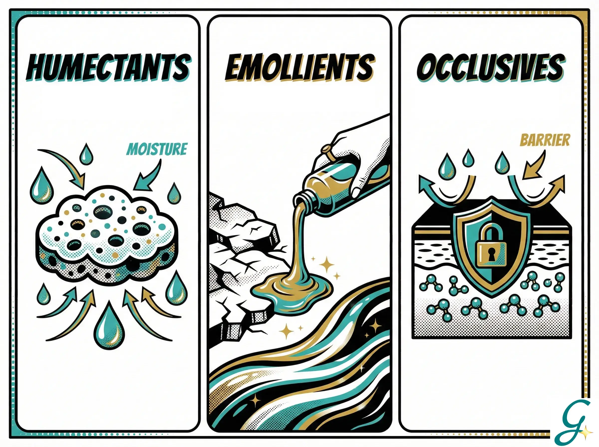 Infographic showing the three types of moisturizing ingredients with icons