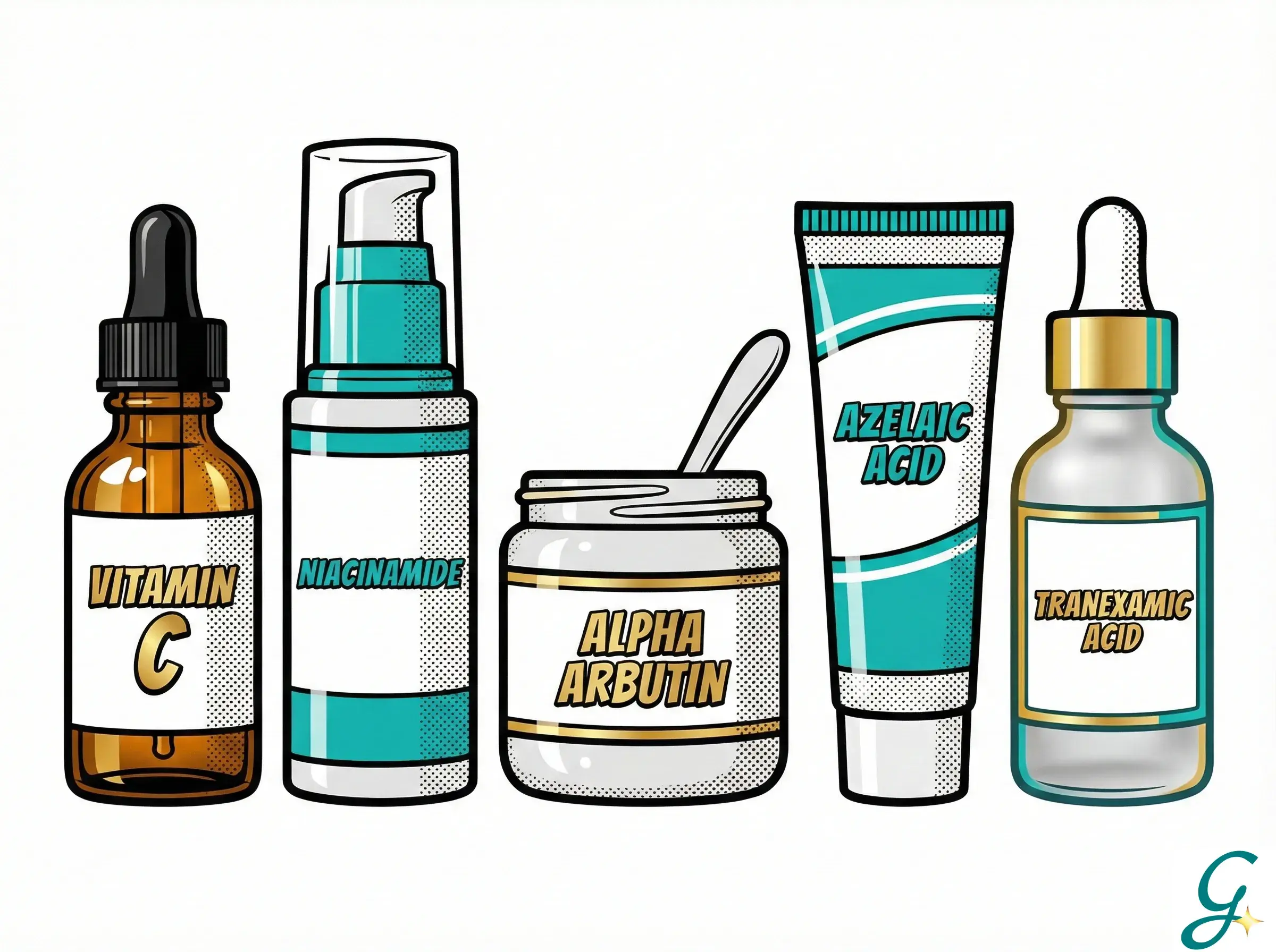 Product lineup showing key brightening ingredients - vitamin C serum, niacinamide, etc.