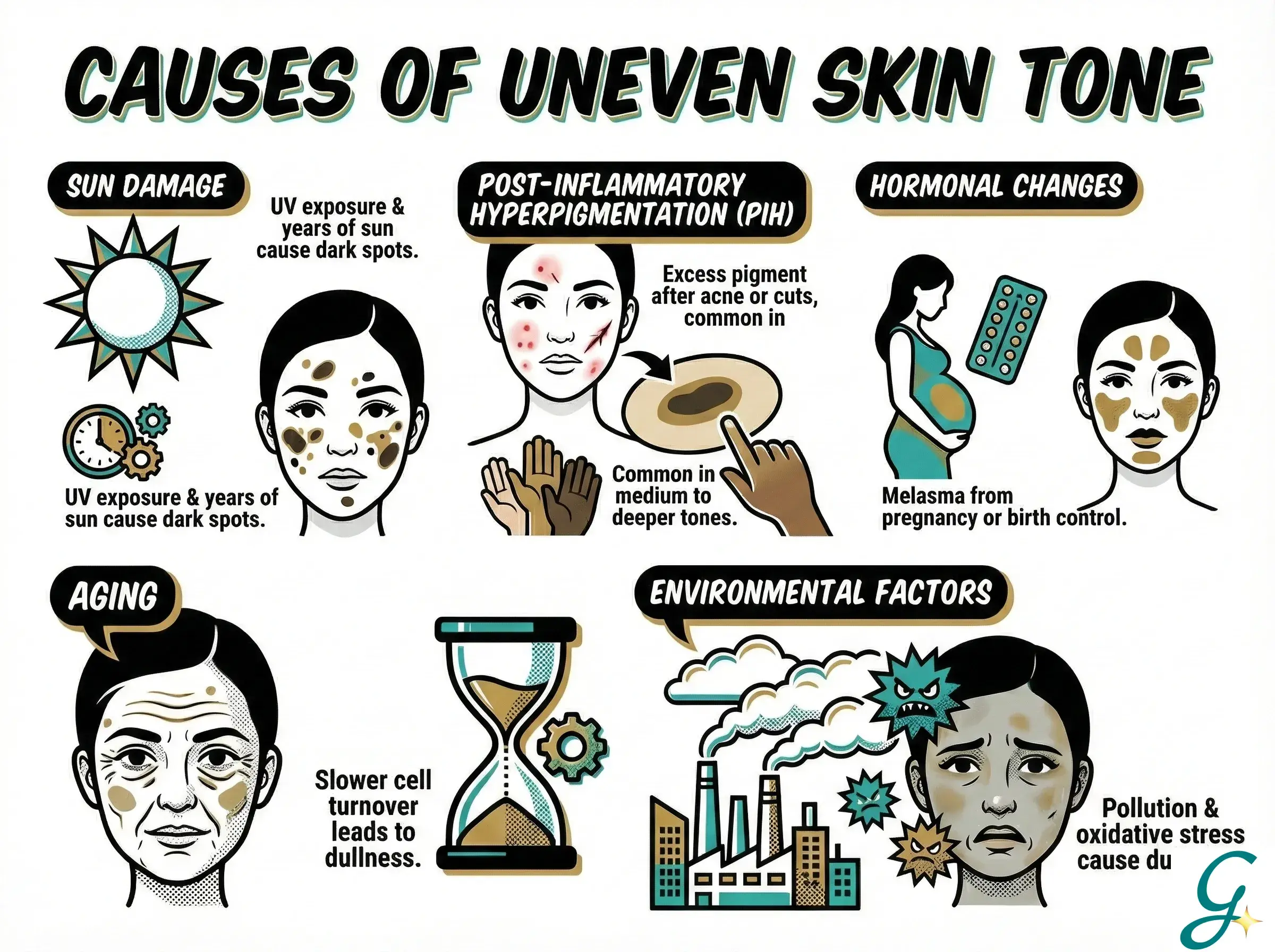 Infographic showing the different causes of uneven skin tone with visual examples