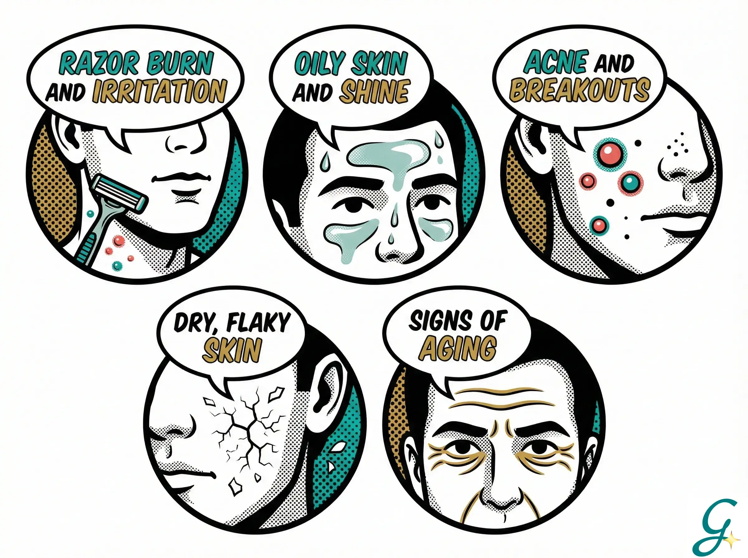 Common men's skin concerns with simple solution icons