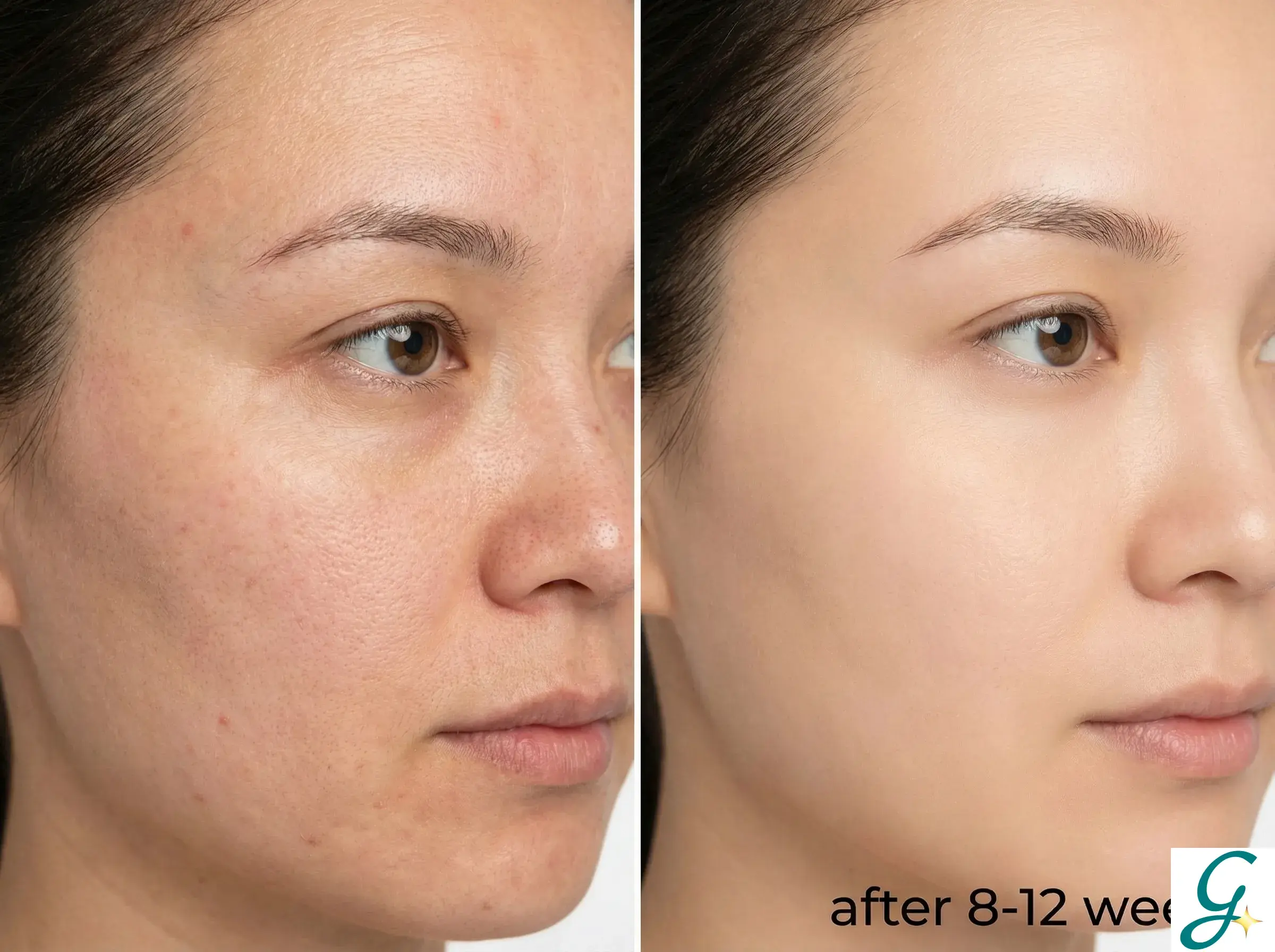 Before/after showing improvement in skin texture over 8-12 weeks of treatment