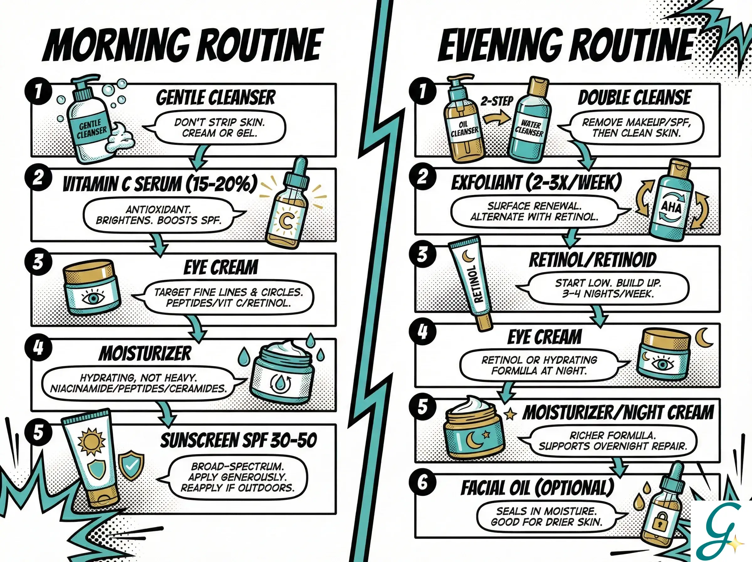 Morning and evening routine products arranged in order of application