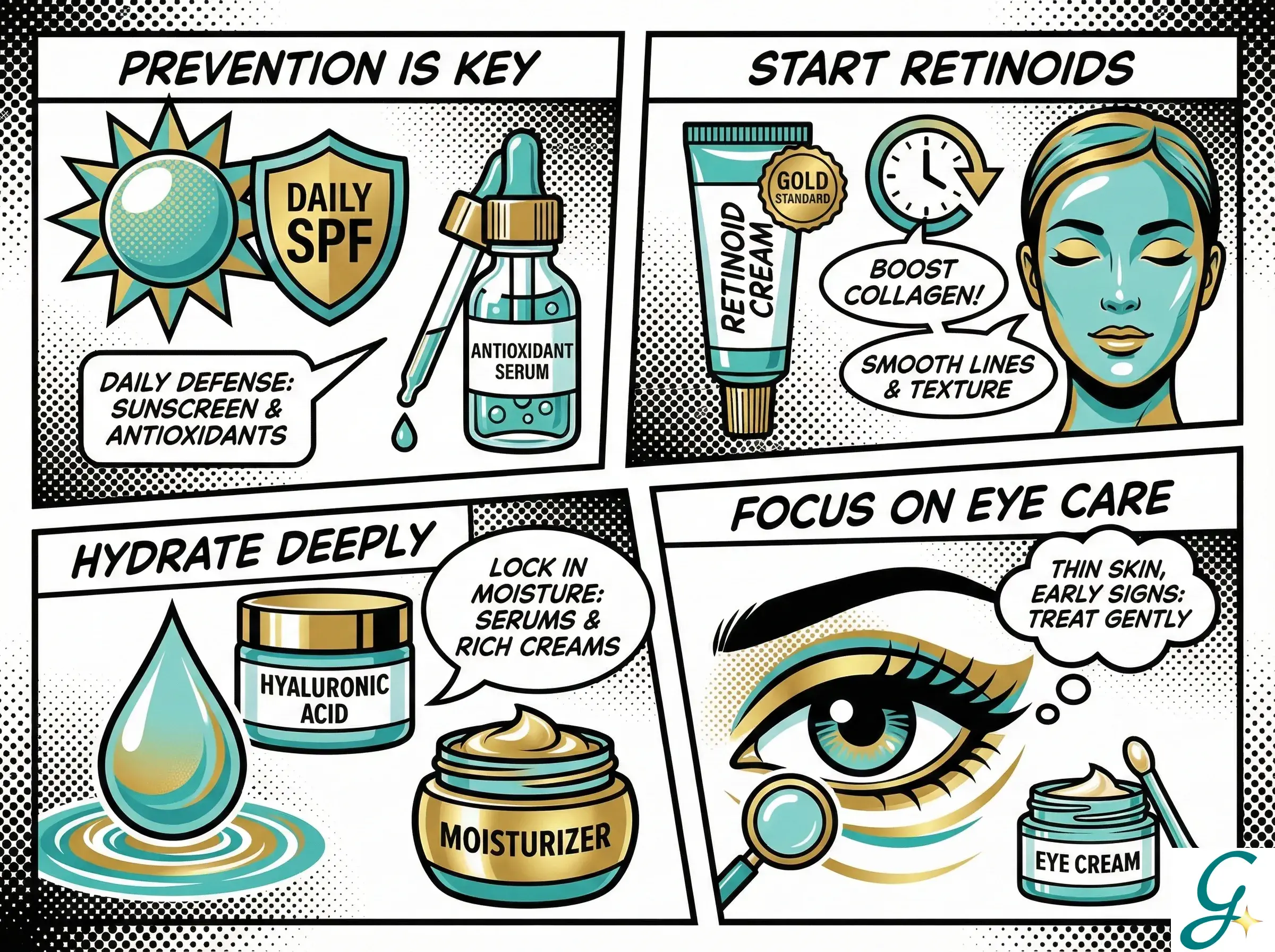 Infographic showing skin changes in 30s with prevention strategies