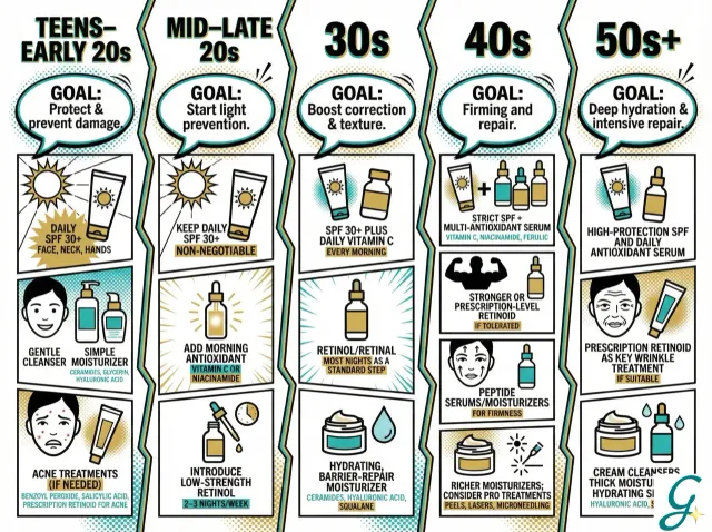 Timeline showing when to introduce different anti-aging products by decade