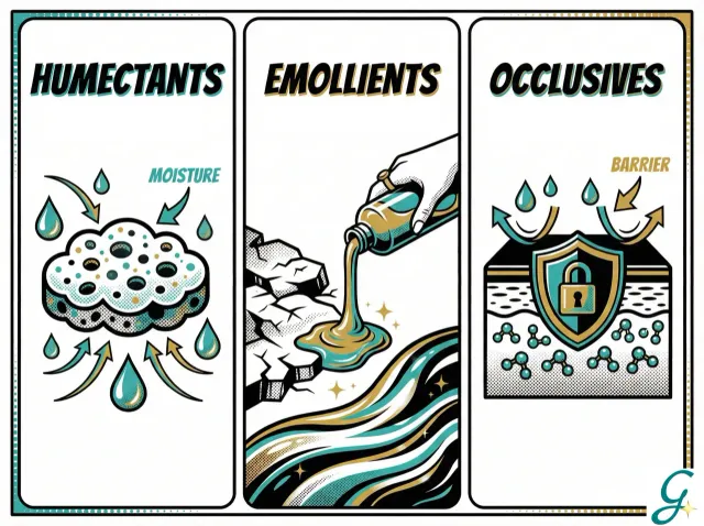 Infographic showing the three types of moisturizing ingredients with icons