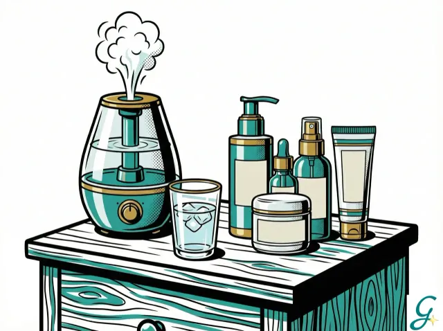 Lifestyle image showing humidifier, water glass, and skincare products on nightstand