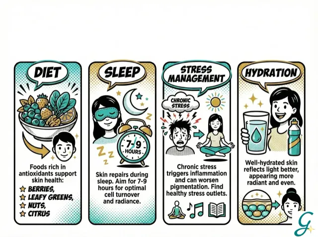 Lifestyle image showing healthy foods, water, and skincare products