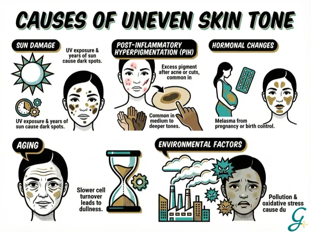 Infographic showing the different causes of uneven skin tone with visual examples