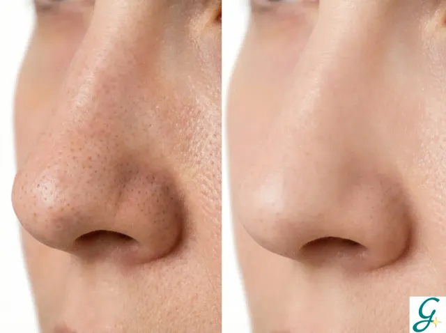 Before/after close-up showing reduced pore appearance after consistent skincare
