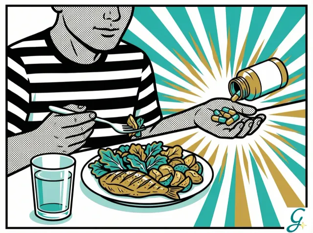 Person taking supplements alongside healthy meal, showing supplements as part of overall lifestyle