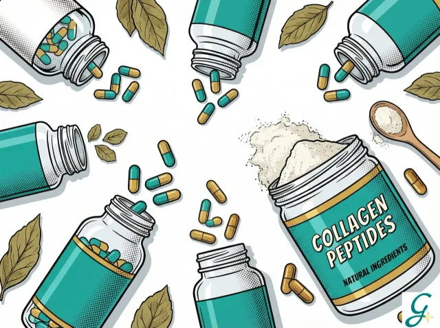 Flat lay of various supplement bottles and capsules with natural ingredients like collagen powder