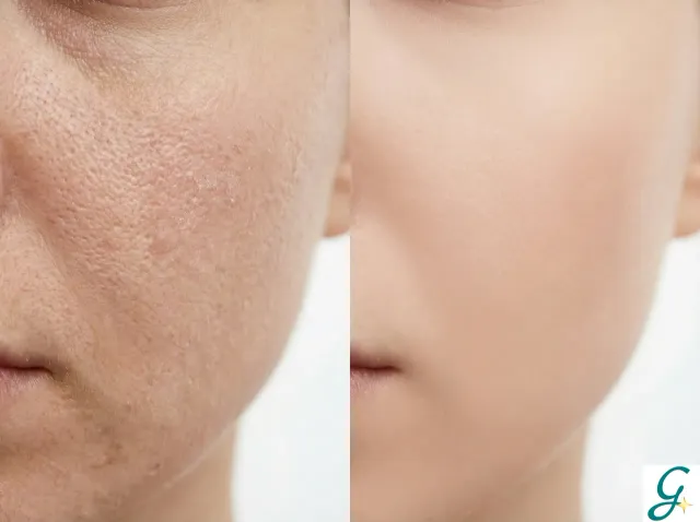 Close-up comparison showing rough, uneven skin texture vs smooth, refined skin
