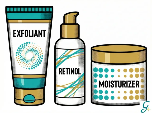 Skincare routine products arranged for texture improvement - exfoliant, retinol, moisturizer