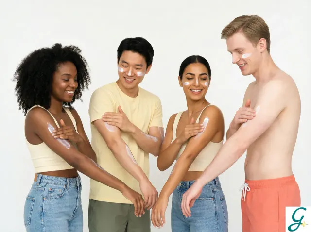 Diverse group of people applying sunscreen, showing different skin tones