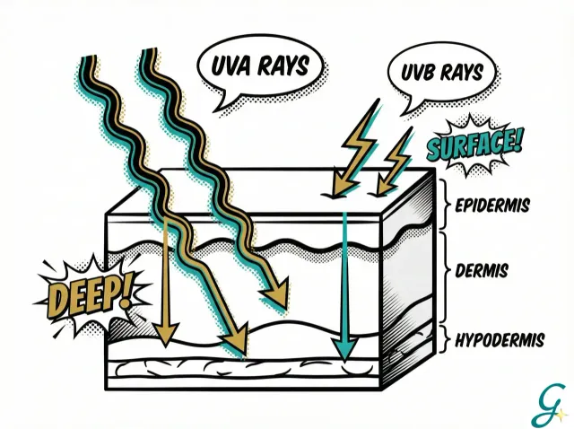 Diagram showing UVA vs UVB ray penetration into skin layers