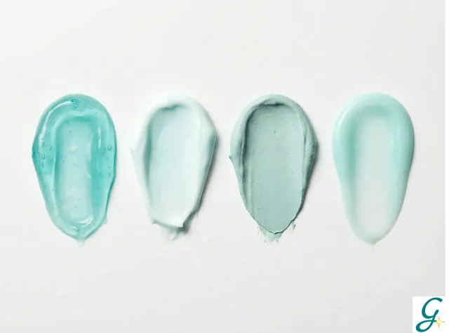 Various sunscreen textures and formulas displayed - gel, cream, mineral, chemical