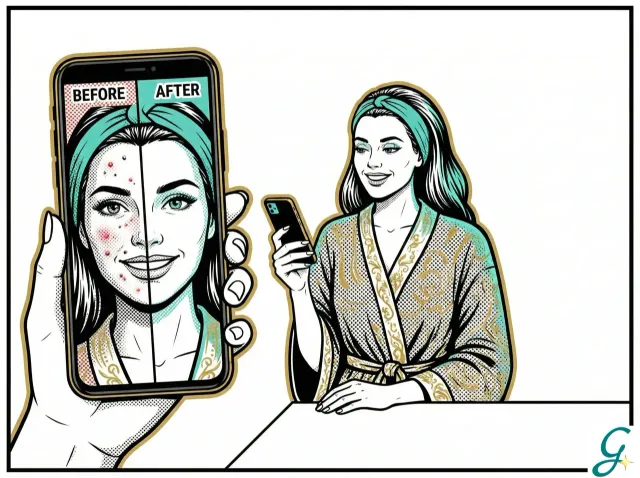 Persona che controlla i propri progressi di skincare sull'app del telefono con foto prima/dopo